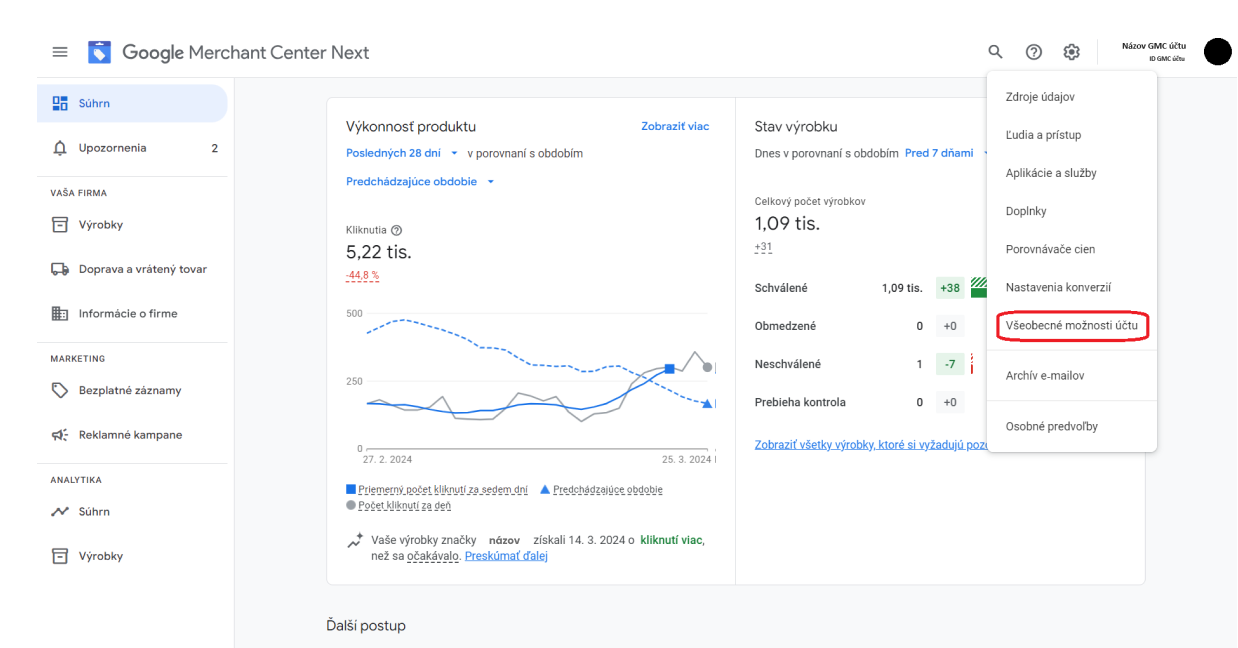 Obecné možnosti účtu: